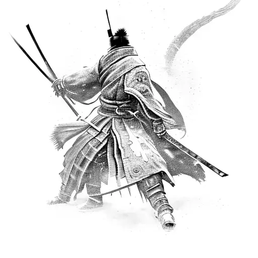 A stylized representation of the video game Sekiro, featuring the protagonist wielding a katana, with a mix of dotwork and black-grey shading to create depth and texture. tattoo design idea