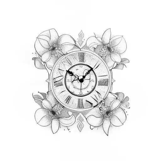 three clocks surrounded by narcissus and violets flowers tattoo design idea
