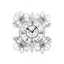 three clocks surrounded by narcissus and violets flowers tattoo design idea