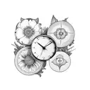three clocks surrounded by narcissus and violets flowers tattoo design idea