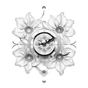 three clocks surrounded by narcissus and violets flowers tattoo design idea