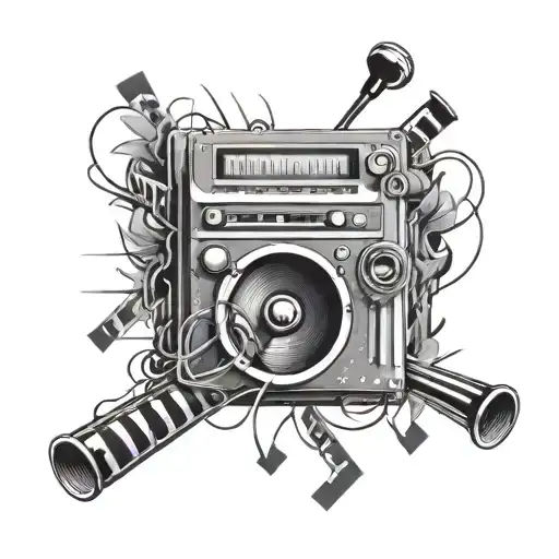 A beat making machine with music notes and film strips intertwined tattoo design idea