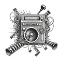 A beat making machine with music notes and film strips intertwined tattoo design idea