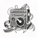 A beat making machine with music notes and film strips intertwined tattoo design idea