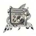 A beat making machine with music notes and film strips intertwined tattoo design idea