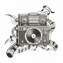 A beat making machine with music notes and film strips intertwined tattoo design idea