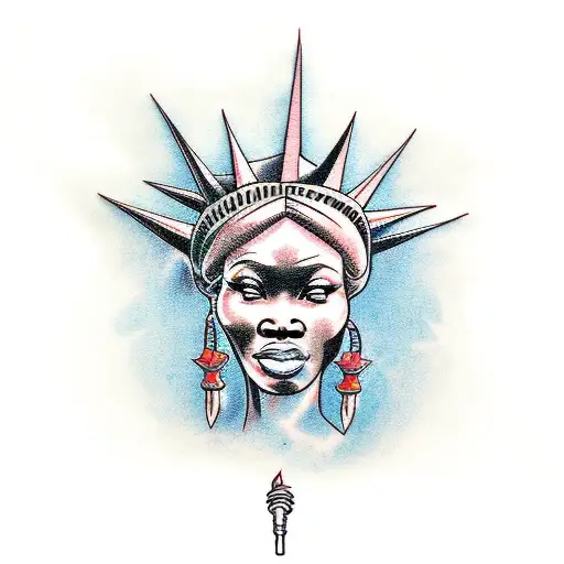 A tattoo stencil depicting an african lady liberty with tattoos, slavery chains being broken, revengeful eyes, thorns co tattoo design idea