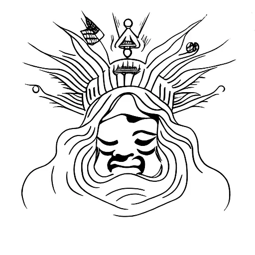 A tattoo stencil depicting an african lady liberty with tattoos, slavery chains being broken, revengeful eyes, thorns co tattoo design idea