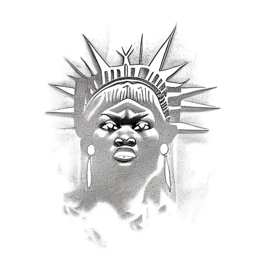A tattoo stencil depicting an african lady liberty with tattoos, slavery chains being broken, revengeful eyes, thorns co tattoo design idea