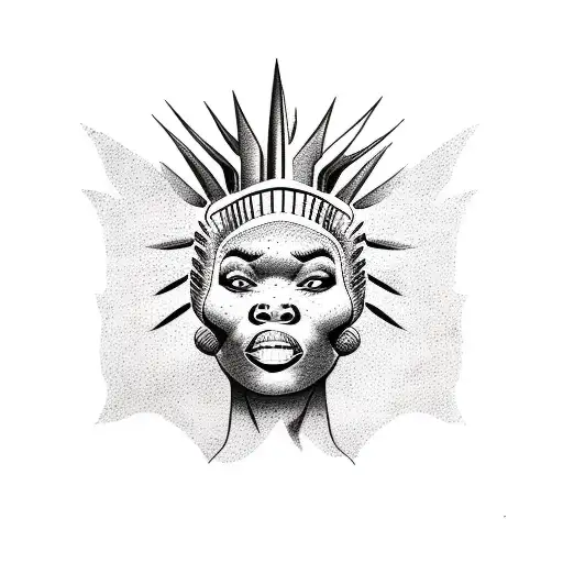 A tattoo stencil depicting an african lady liberty with tattoos, slavery chains being broken, revengeful eyes, thorns co tattoo design idea