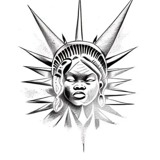A tattoo stencil depicting an african lady liberty with tattoos, slavery chains being broken, revengeful eyes, thorns co tattoo design idea