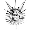 A tattoo stencil depicting an african lady liberty with tattoos, slavery chains being broken, revengeful eyes, thorns co tattoo design idea