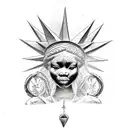 A tattoo stencil depicting an african lady liberty with tattoos, slavery chains being broken, revengeful eyes, thorns co tattoo design idea