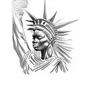 A tattoo stencil depicting an african lady liberty with tattoos, slavery chains being broken, revengeful eyes, thorns co tattoo design idea