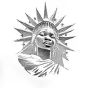A tattoo stencil depicting an african lady liberty with tattoos, slavery chains being broken, revengeful eyes, thorns co tattoo design idea
