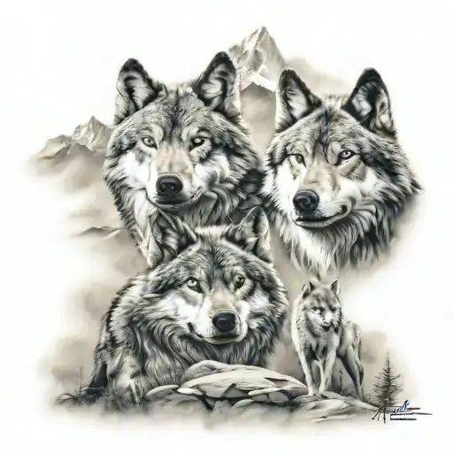  family wolves 2 adults 2 children in the mountains tattoo design idea