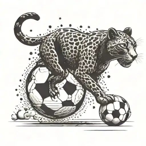 Design a dynamic panther leaping over a soccer ball with a motivational phrase in dotwork style tattoo design idea