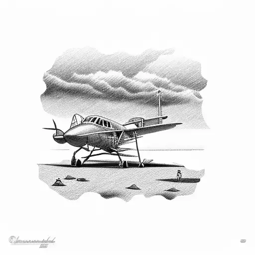 An aircraft mechanic repairing an airplane on a beach in Hawaii tattoo design idea