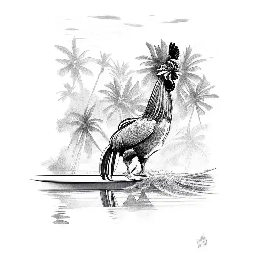 A river flowing through a tropical Hawaiian landscape with a rooster on a paddleboard looking up at a airplane  tattoo design idea