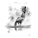 A river flowing through a tropical Hawaiian landscape with a rooster on a paddleboard looking up at a airplane  tattoo design idea