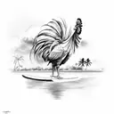 A river flowing through a tropical Hawaiian landscape with a rooster on a paddleboard looking up at a airplane  tattoo design idea