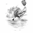 A river flowing through a tropical Hawaiian landscape with a rooster on a paddleboard looking up at a airplane  tattoo design idea