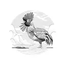 A river flowing through a tropical Hawaiian landscape with a rooster on a paddleboard looking up at a airplane  tattoo design idea