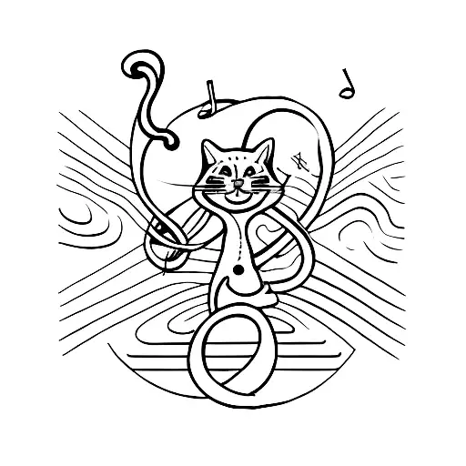 A minimalist tattoo of a dancing cat casting magical musical notes, representing your interests in dancing, witchcraft, and music tattoo design idea