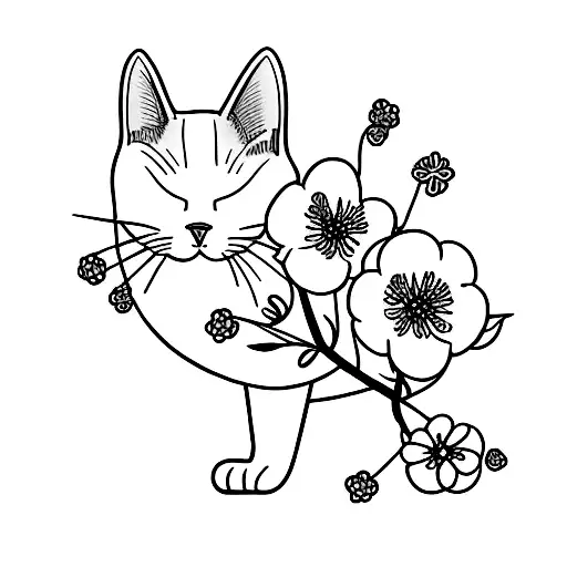 A minimalist tattoo of a cat surrounded by Japanese cherry blossoms tattoo design idea