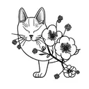 A minimalist tattoo of a cat surrounded by Japanese cherry blossoms tattoo design idea