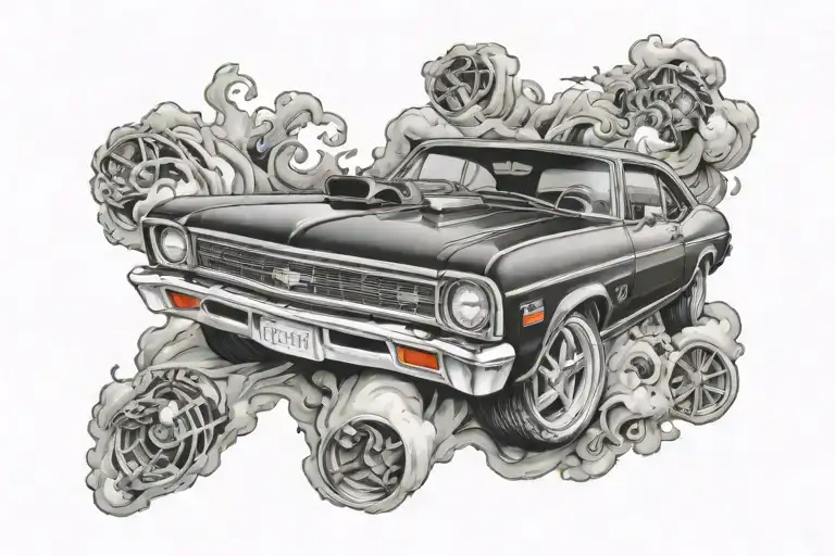 Chevy nova doing a burnout smoke tattoo design idea