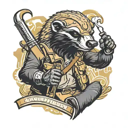 A honey badger smoking a cigar in tactical gear integrated tattoo design idea