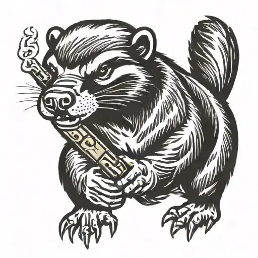 A honey badger smoking a cigar and firing a machine gun Rambo style  tattoo design idea
