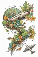 Airplane flying through a forest trees looking down on a field of flowers with fish swimming with astronauts above tattoo design idea