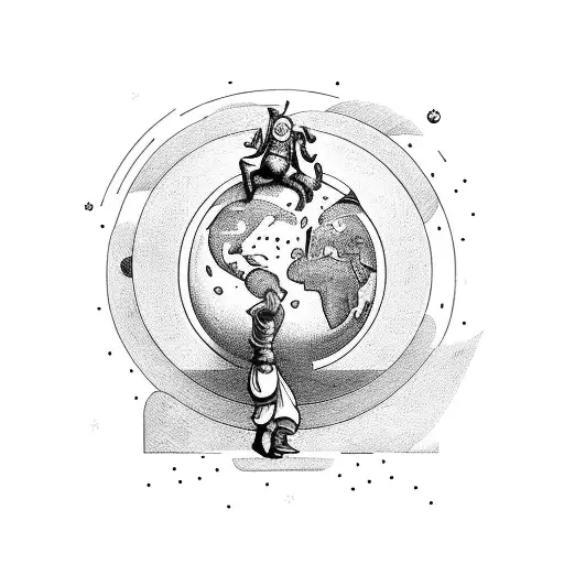 a jester carrying the world on its back with another dancing on top of it  tattoo design idea