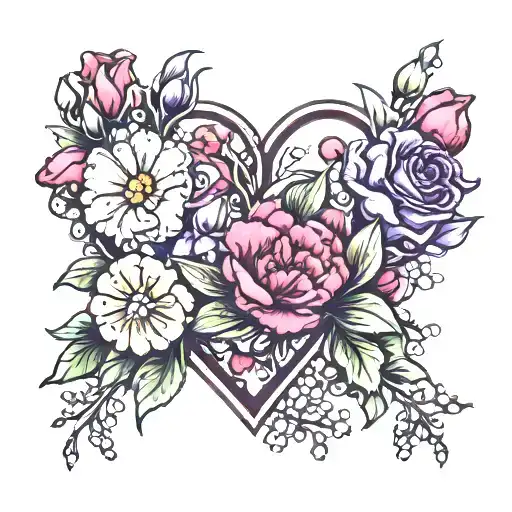 heart with Carnation & Snowdrop and Violet & Primrose tattoo design idea