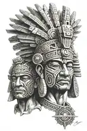 aztec god with mayan structures background tattoo design idea