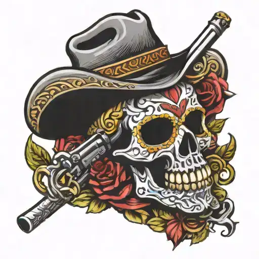 Mexican bandido sugar skull holding revolver and scythe tattoo design idea