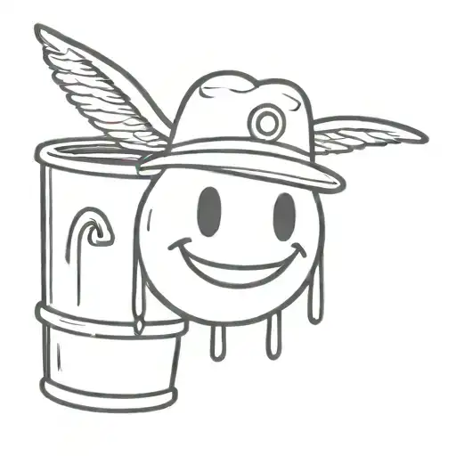 Smiley face with wings and a bucket hat that says "oddo" in it and "high on life around it"  tattoo design idea