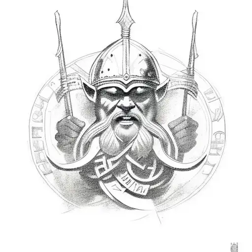 maak een noorse viking tattoo met de letters A B G L J in rune gescrift in verwerkt me noorse oude tekens met een schild tattoo design idea