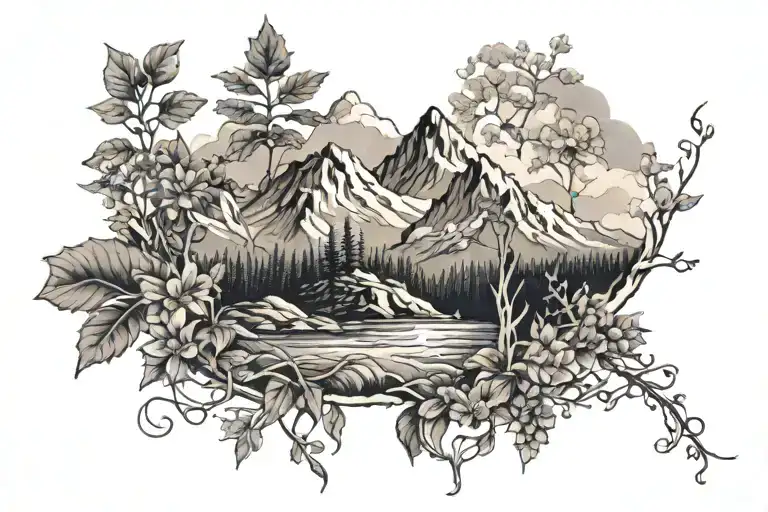 mountians range with foliage growing inside tattoo design idea