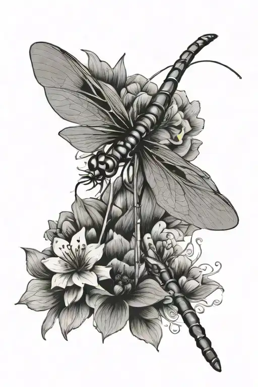 dragonfly with flowers tattoo design idea