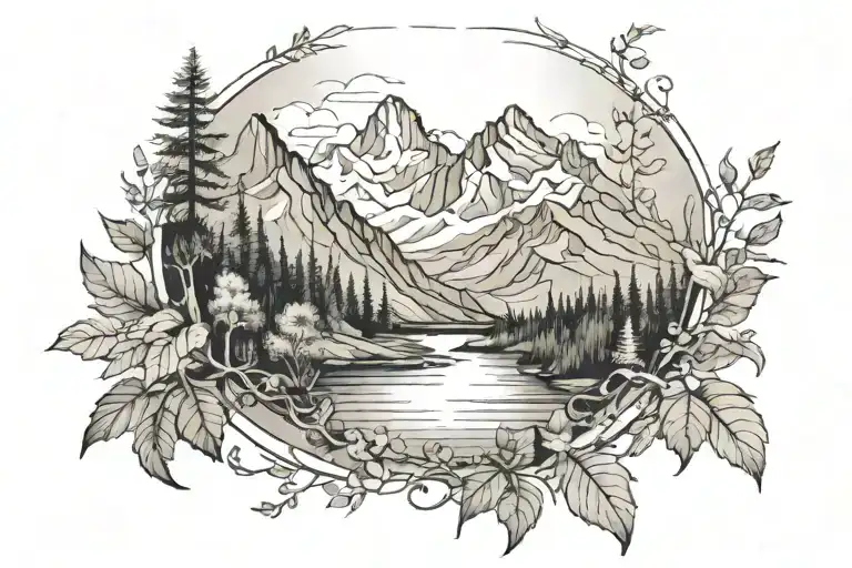 mountians range with foliage growing inside tattoo design idea