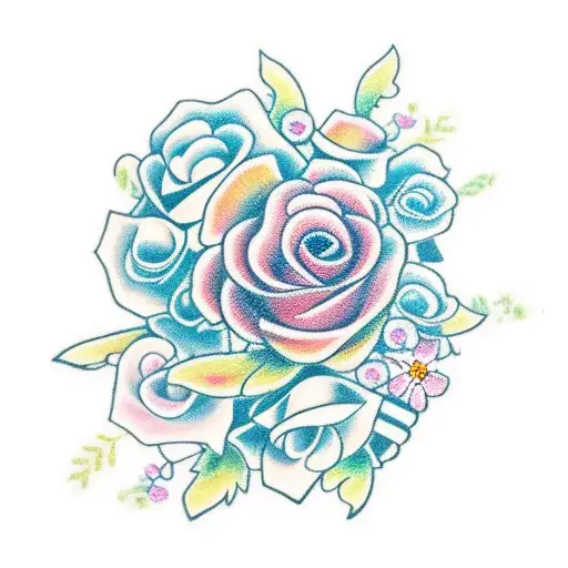 A bouquet of flowers intertwined with a pink ribbon tattoo design idea