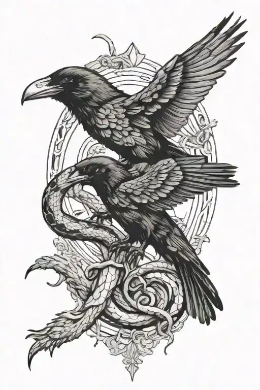 raven and snake fighting each other tattoo design idea