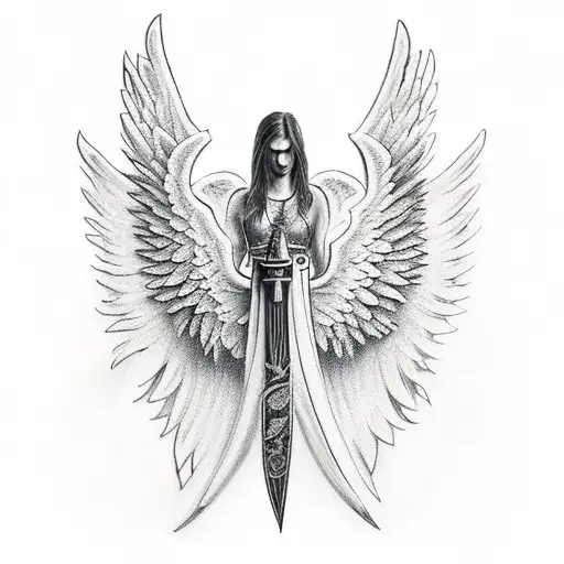 Warrior holding a guitar with angel wings on their back tattoo design idea