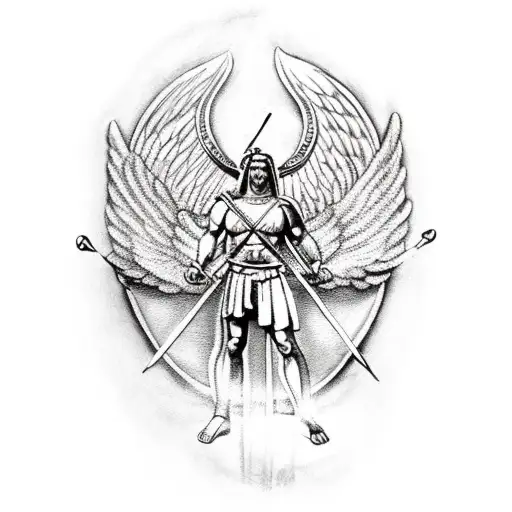 A Spartan warrior with angel wings holding a lyre tattoo design idea
