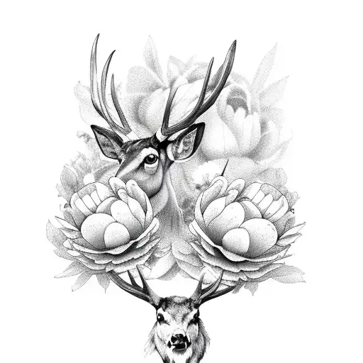 mule deer antlers with peonies flowers tattoo design idea