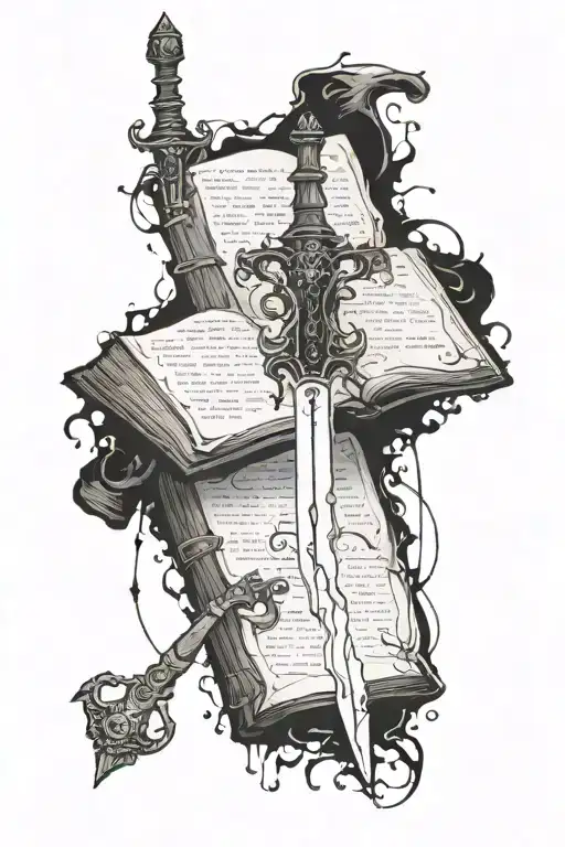 large sword piercing a book, leaking ink that is turning into fictional creatures  tattoo design idea