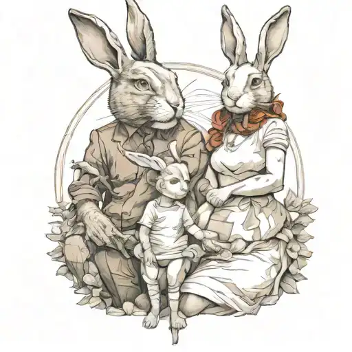 a father and daughter as humanoid rabbits  tattoo design idea